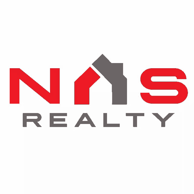 a logo for nas realty with a house in the middle