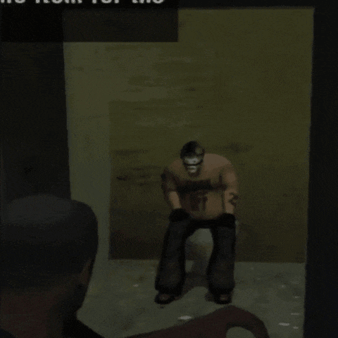 a man in a video game is standing in front of a fire and a sign that says " no run "