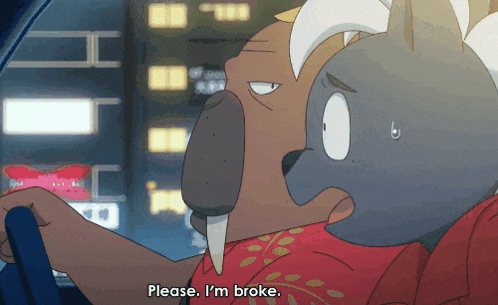 a cartoon character in a car says please i 'm broke