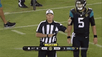 a referee is standing next to a football player wearing a jersey with the number 5 on it .