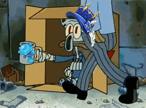 a cartoon of squidward from spongebob holding a cup