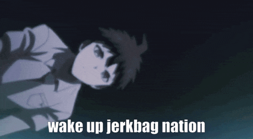 a picture of a anime character with the words wake up jerkbag nation