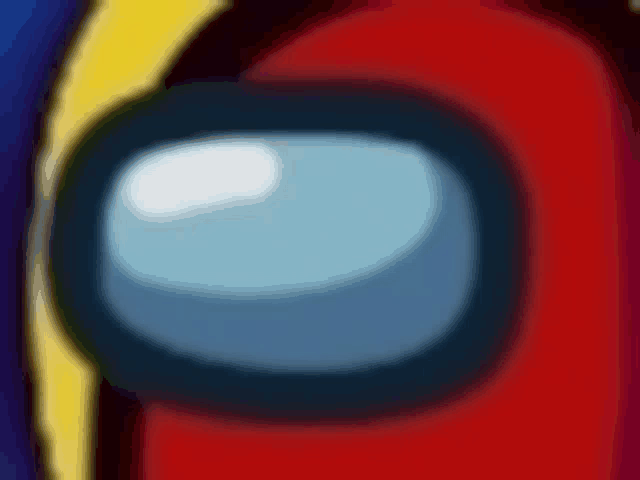 a close up of a red among us character 's face with a blue eye .
