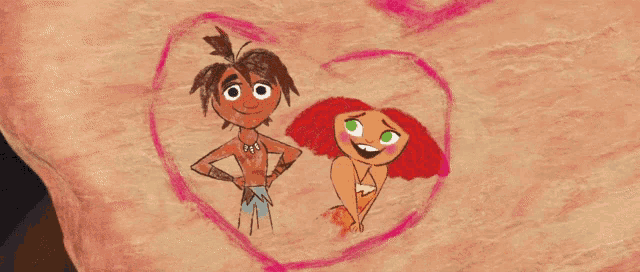 a drawing of a boy and a girl with a heart drawn on their skin