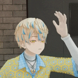 a cartoon character is wearing a yellow and blue shirt and a blue necklace