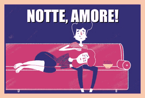 an illustration of a man and woman laying on a couch with the words notte amore