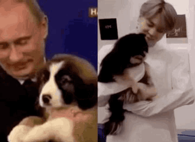 a man is holding a puppy next to a woman who is holding a puppy .