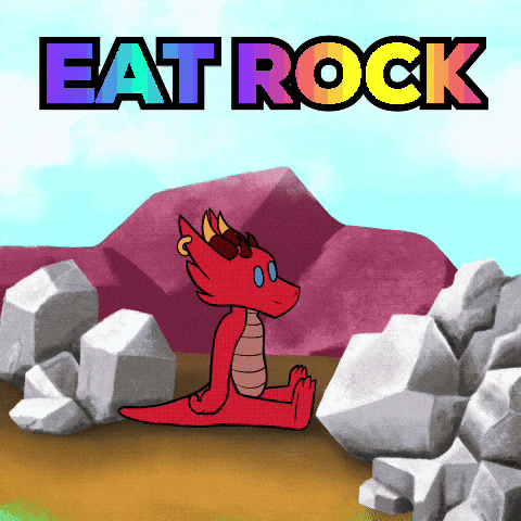 a cartoon of a red dragon sitting in a pile of rocks with the words eat rock above him