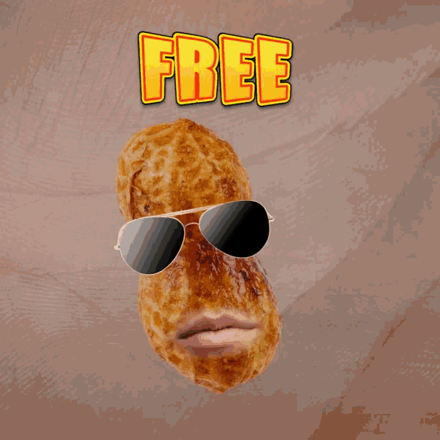 a peanut wearing sunglasses and smiling with the words free above it