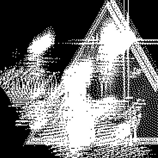 a black and white pixel art drawing of a windmill on a black background .