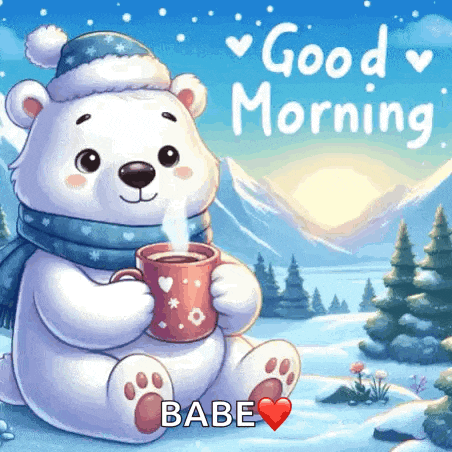a polar bear wearing a santa hat and scarf is holding a cup of coffee .