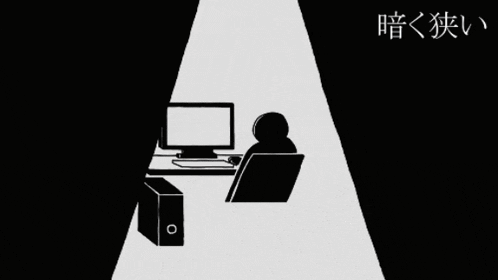a black and white image of a man sitting at a desk with a computer and the words party people below him