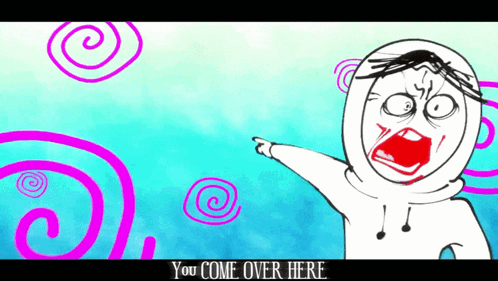a cartoon of a person pointing with the words " you come over here " below