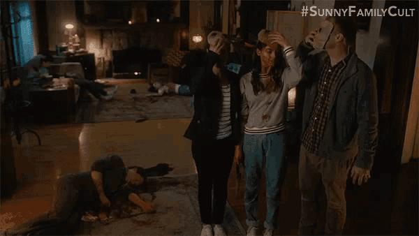 a group of people with masks on their faces with the hashtag #sunnyfamilycult