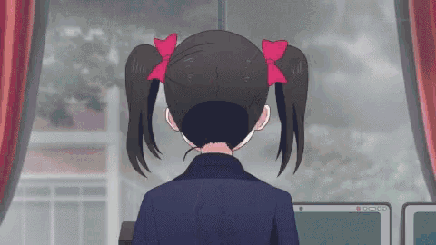 a girl with pigtails and a red bow on her hair looks out a window