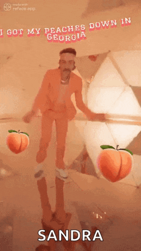 a man in an orange suit is holding two peaches in front of a mirror and says " i got my peaches down in georgia "