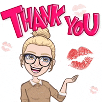 a cartoon woman with glasses is holding out her hand and says thank you .