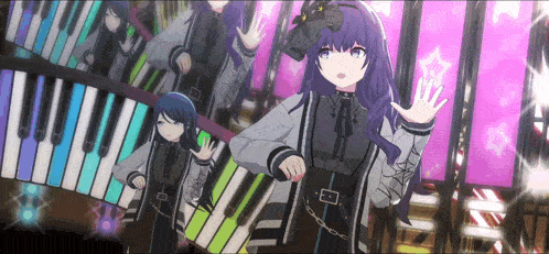 a girl with purple hair is dancing in front of a piano keyboard