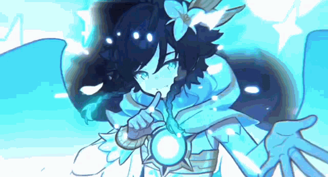 a cartoon character with blue hair and a flower in his hair is holding a blue sphere .