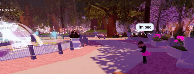 a girl in a pink skirt says i 'm sad much yes in a video game