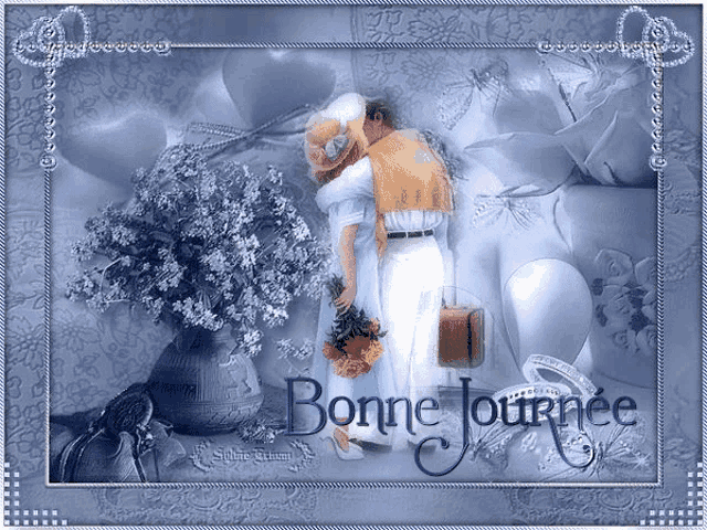 a greeting card that says bonne journee with a couple kissing