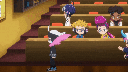 a group of cartoon characters sitting in a classroom