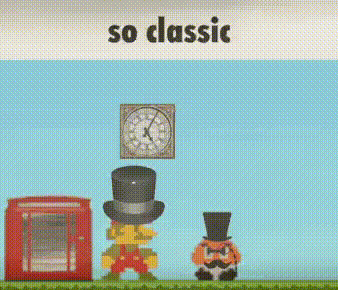 a cartoon character wearing a top hat stands in front of a clock and a red telephone booth