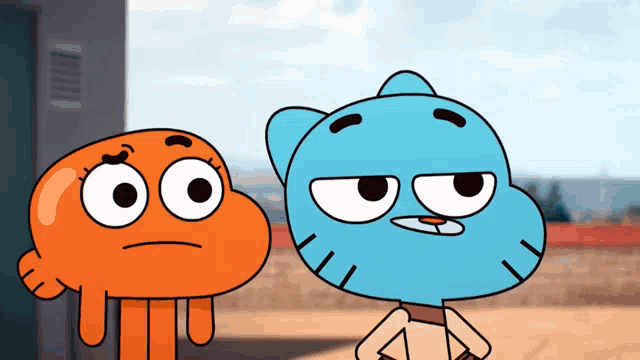 a couple of cartoon characters standing next to each other