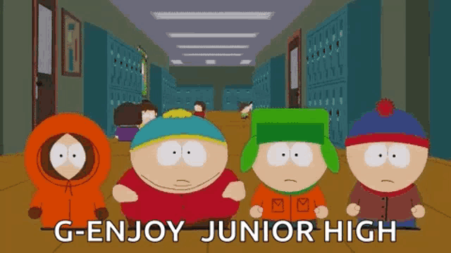 a group of south park characters standing in a hallway with the words g-enjoy junior high on the bottom