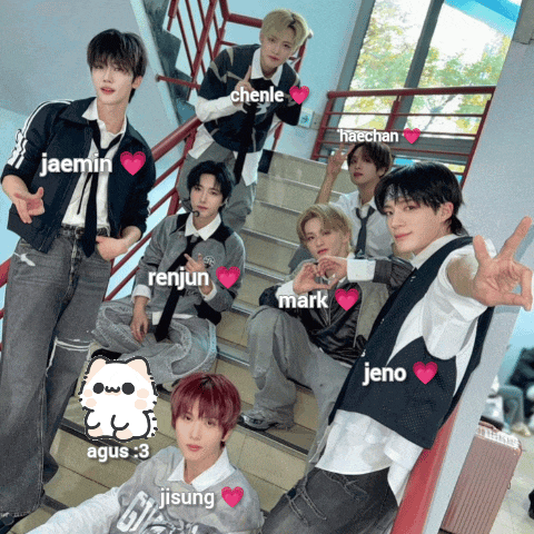 a group of young men are posing for a picture with hearts around them and the name jeno is on the bottom left