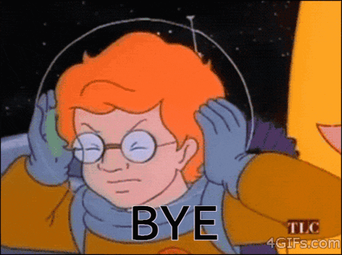 a cartoon character with glasses and a helmet says " bye "