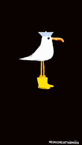 a drawing of a seagull wearing yellow rain boots