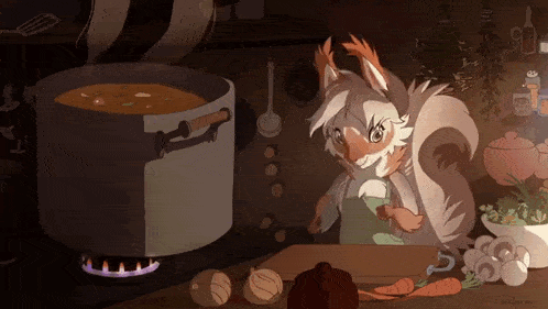 a furry squirrel is cooking a pot of soup on a stove