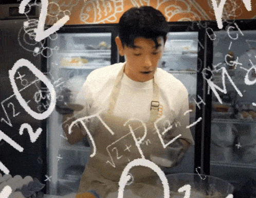 a man in an apron is standing in front of a refrigerator with math equations on it