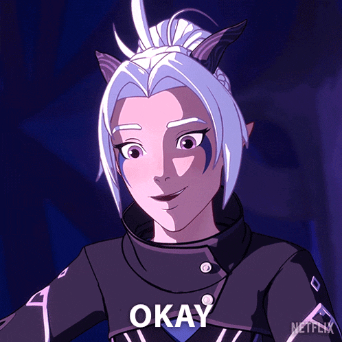 a cartoon character with horns and the word okay on her chest
