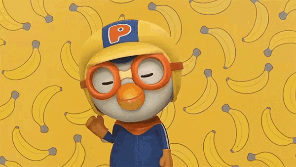 a cartoon character wearing a helmet with the letter p on it is dancing in front of a pattern of bananas .