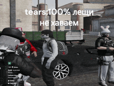 a group of people standing in front of a car with the words tears 100 %
