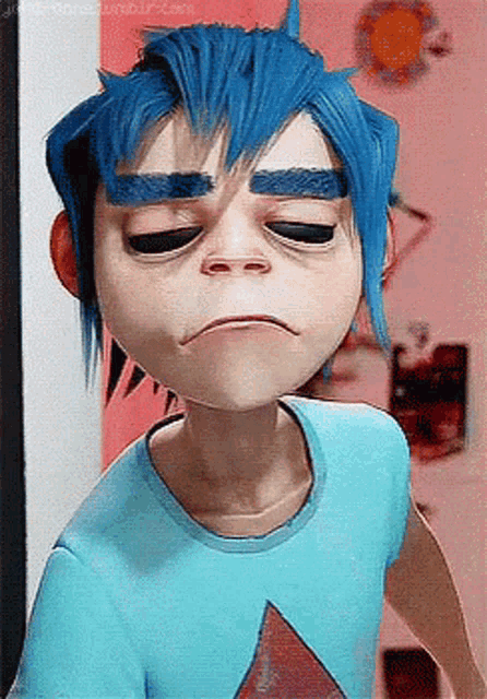 a cartoon character with blue hair is making a sad face .