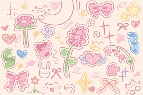 a pink background with flowers hearts and bows