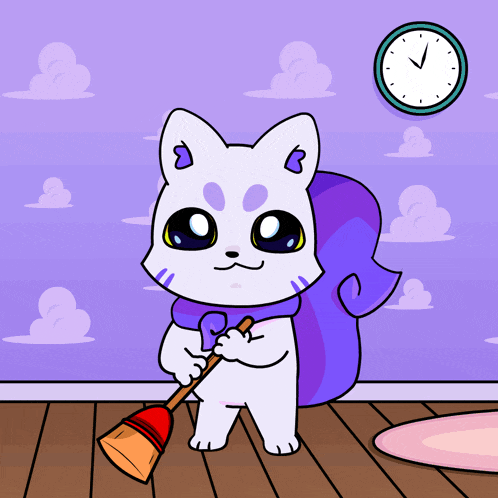 a cartoon drawing of a cat holding a broom and a clock behind it
