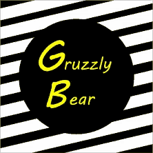 a black and white striped background with a black circle that says grizzly bear