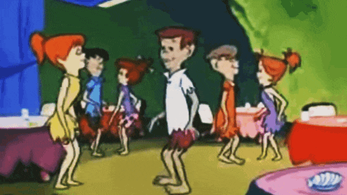 a group of cartoon characters are standing around a table