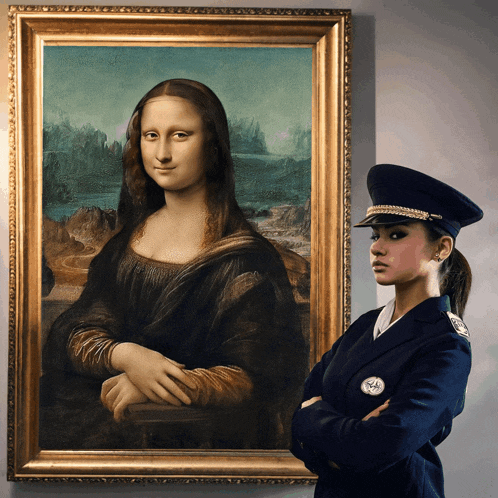 a woman in a police uniform stands in front of a framed painting of a woman
