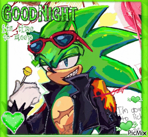 a picture of a green sonic holding a lollipop and a goodnight message