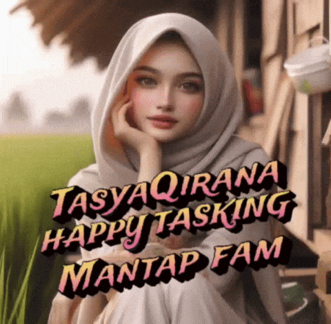 a woman wearing a hijab with the words tasyaqinana happy tasking mantap fam