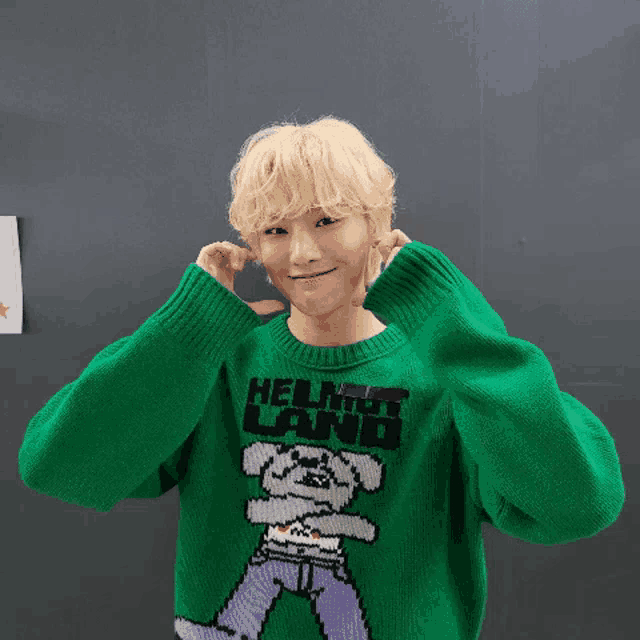 a person wearing a green sweater with a dog on it .