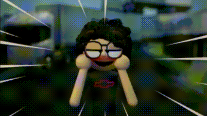 a cartoon character with glasses and a red lip is standing in front of a building .
