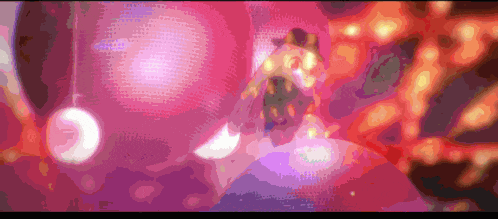 a pixelated image of a person in a top hat surrounded by purple and red lights
