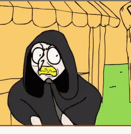 a cartoon of a man wearing a black hooded cape with a yellow mouth .
