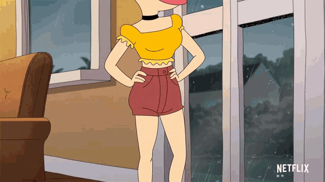 a cartoon character is standing in front of a window with netflix written on the bottom